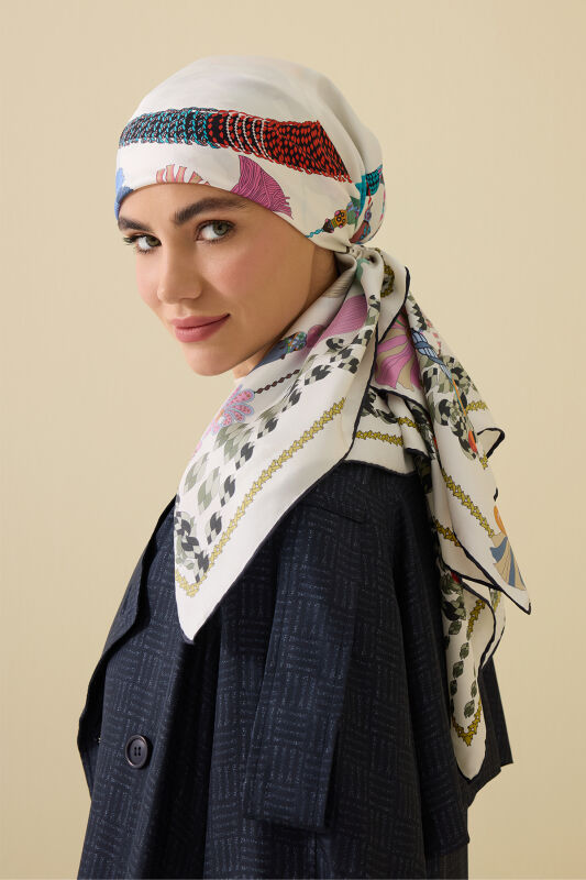 Püskül Noor Beyaz Tivil İpek Eşarp 90x90 - 4