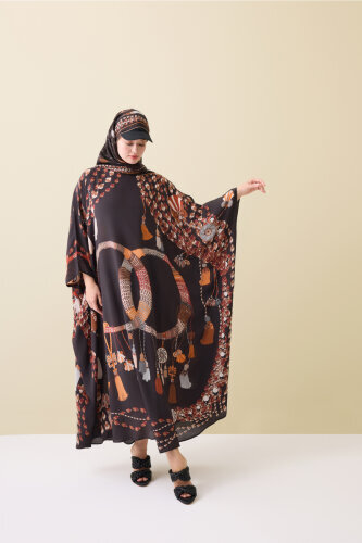 Püskül Noor Kahverengi Krep İpek Kaftan - Imannoor