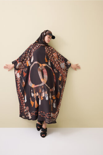 Püskül Noor Kahverengi Krep İpek Kaftan - Imannoor (3)