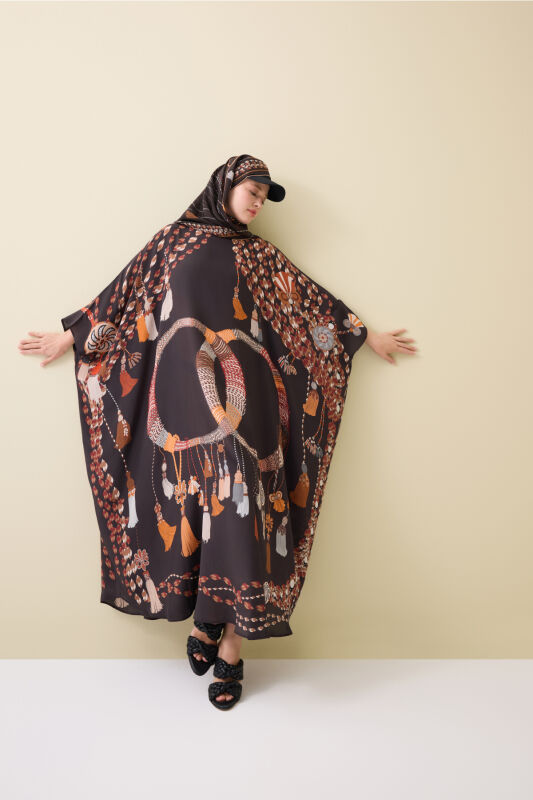 Püskül Noor Kahverengi Krep İpek Kaftan - 3