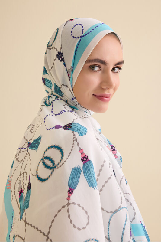 Püskül Noor Mavi Floş Pamuk Şal 70x210 - 5