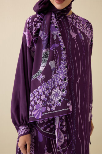 Püskül Noor Mürdüm Krep İpek Abaya Şalı 70x210 - 5