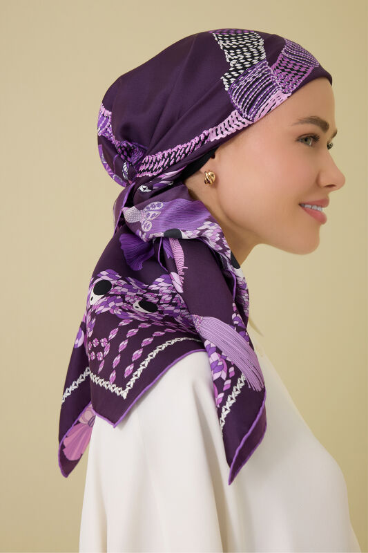 Püskül Noor Mürdüm Tivil İpek Eşarp 90x90 - 3