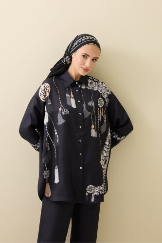 Püskül Noor Siyah-Beyaz İpek Gömlek Pijama - Imannoor (1)