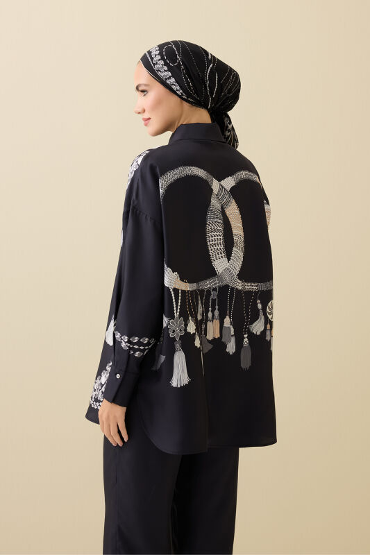 Püskül Noor Siyah-Beyaz İpek Gömlek Pijama - 5