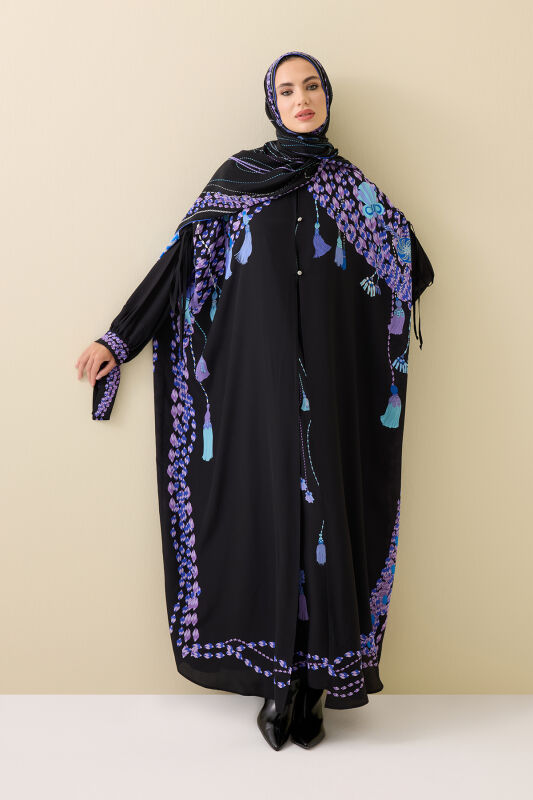 Püskül Noor Siyah-Fuşya Krep İpek Abaya - 1