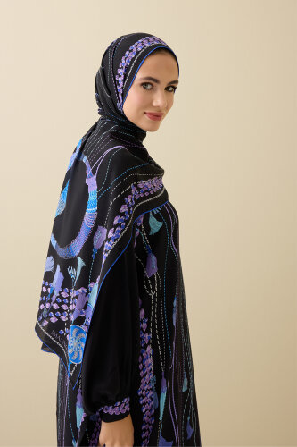 Püskül Noor Siyah-Fuşya Krep İpek Abaya Şalı 70x210 - Imannoor (3)
