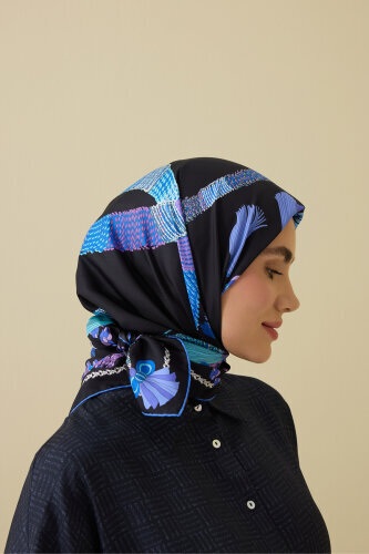 Püskül Noor Siyah-Fuşya Tivil İpek Eşarp 90x90 - 5