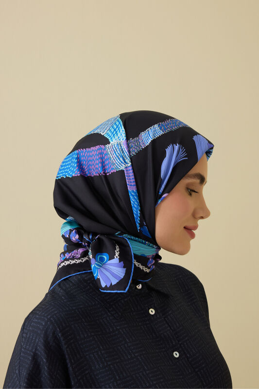 Püskül Noor Siyah-Fuşya Tivil İpek Eşarp 90x90 - 5