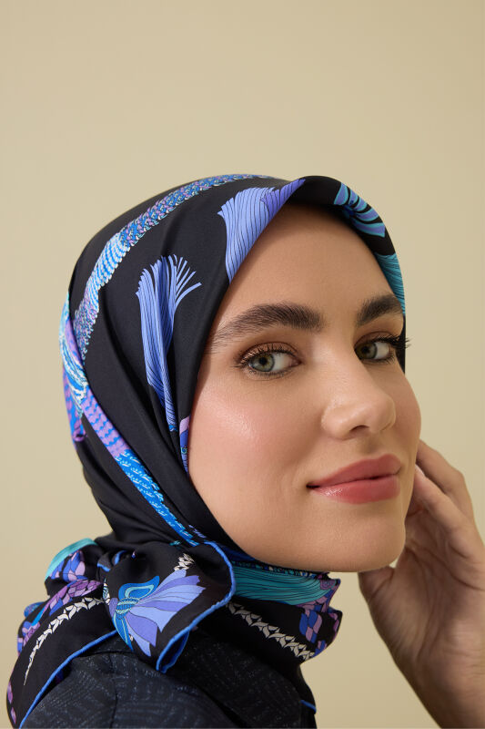 Püskül Noor Siyah-Fuşya Tivil İpek Eşarp 90x90 - 3