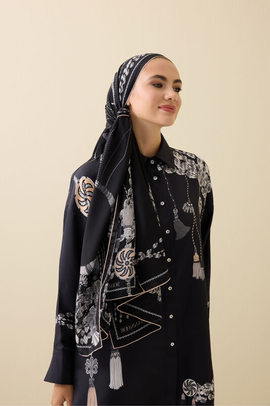 Püskül Noor Siyah-Gri Krep İpek Pijama Şalı 70x210 - 1