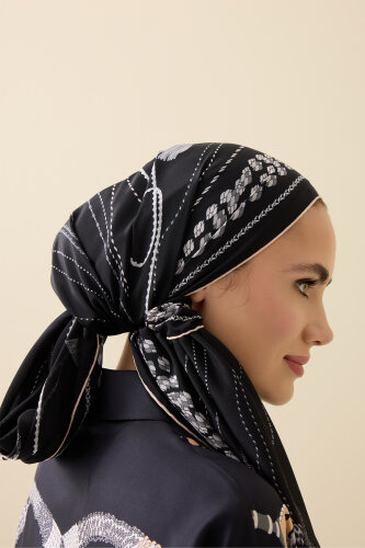 Püskül Noor Siyah-Gri Krep İpek Pijama Şalı 70x210 - Imannoor (3)