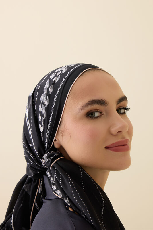 Püskül Noor Siyah-Gri Krep İpek Pijama Şalı 70x210 - 5