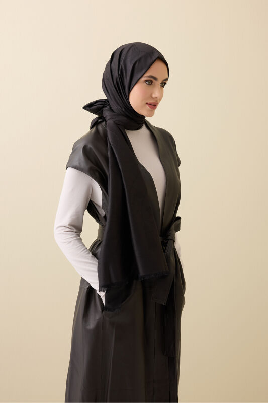 Püskül Noor Siyah Jakar İpek Şal 70x200 - 5