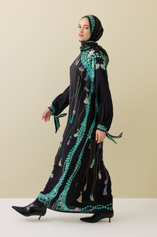 Püskül Noor Siyah-Yeşil Krep İpek Elbise - 5