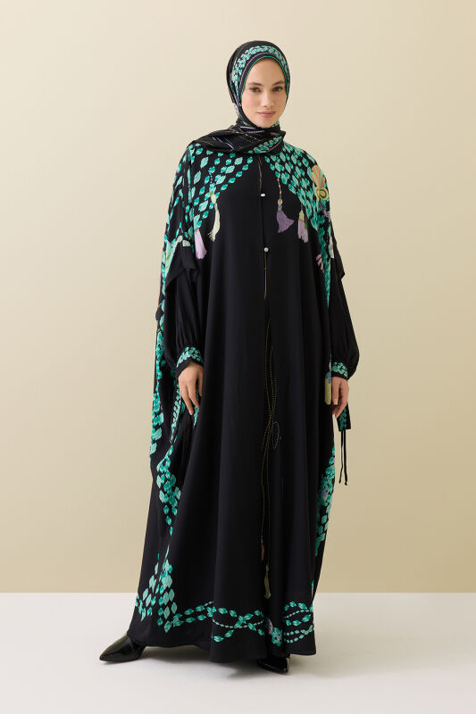 Püskül Noor Siyah-Yeşil Krep İpek Abaya - 1