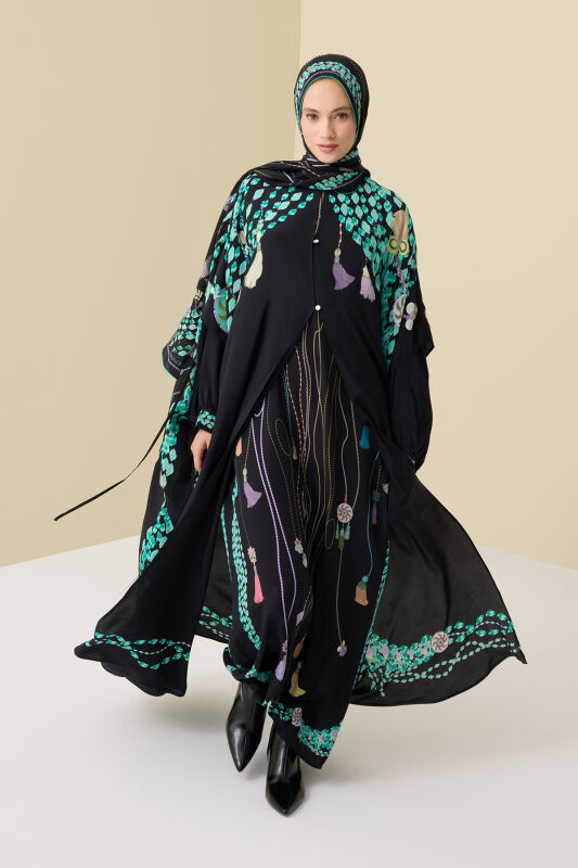 Püskül Noor Siyah-Yeşil Krep İpek Abaya - 5