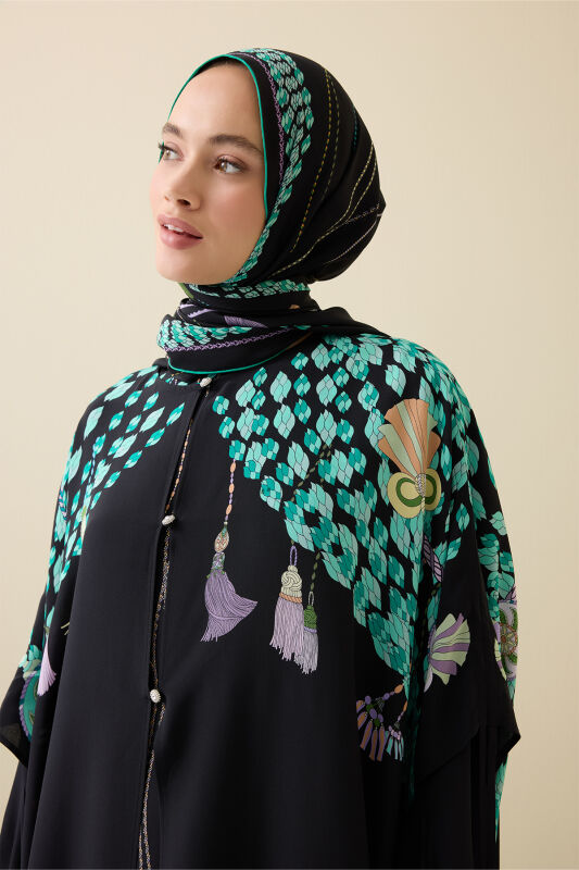 Püskül Noor Siyah-Yeşil Krep İpek Abaya - 7
