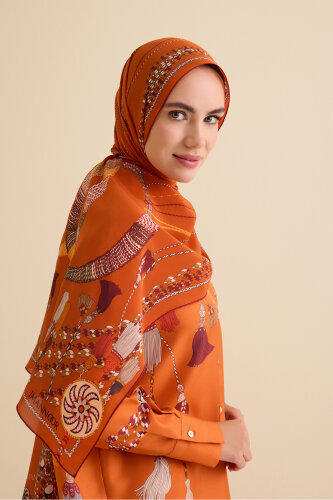 Püskül Noor Turuncu Krep İpek Pijama Şalı 70x210 - Imannoor (3)