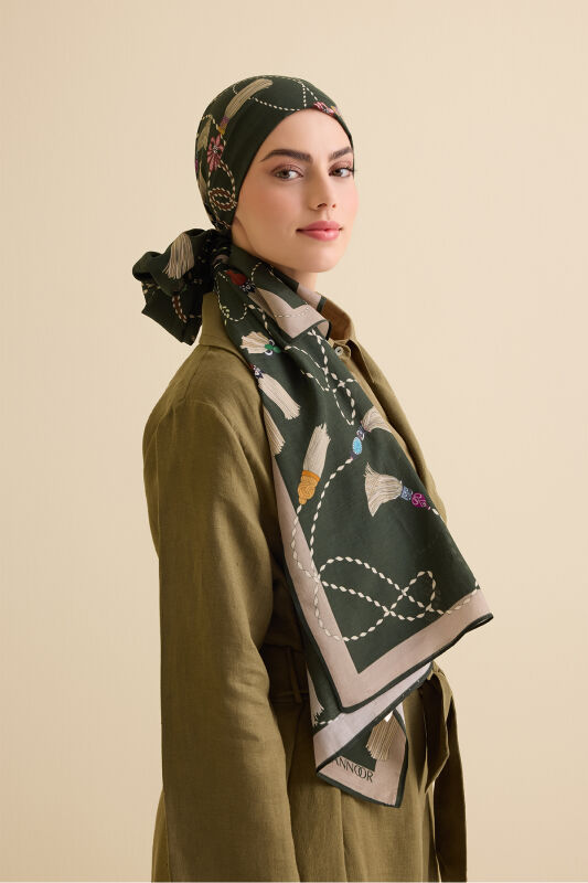 Püskül Noor Yeşil Floş Pamuk Şal 70x210 - 1