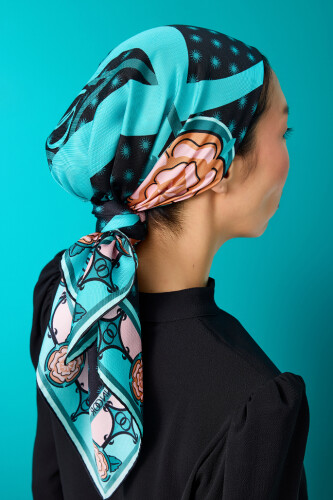 Quadruple Rosebud Silk Scarf Petrol - 3