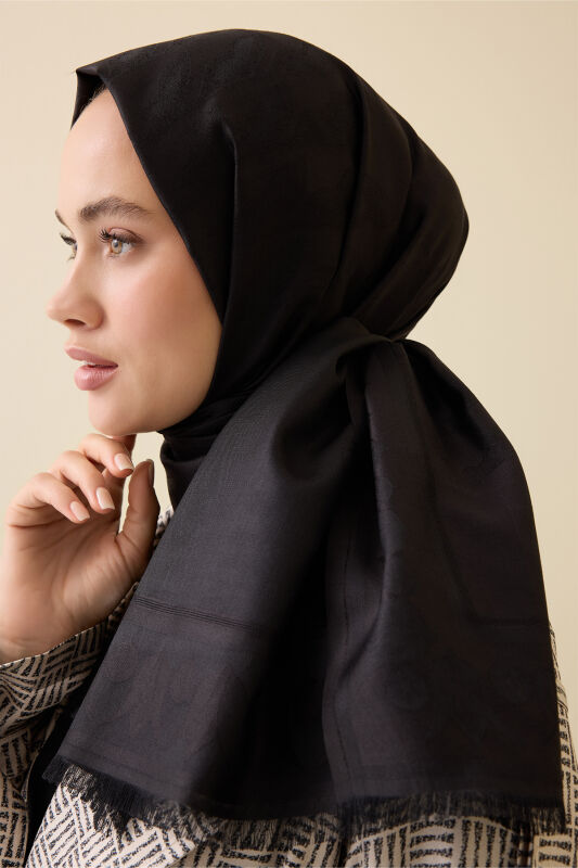 Qufi Black Jacquard Silk Shawl - 1