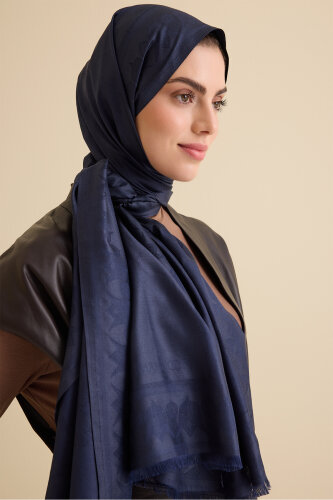 Qufi Navy Blue Jacquard Silk Shawl - 1