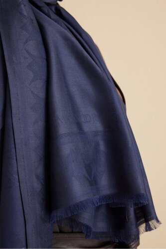 Qufi Navy Blue Jacquard Silk Shawl - 5