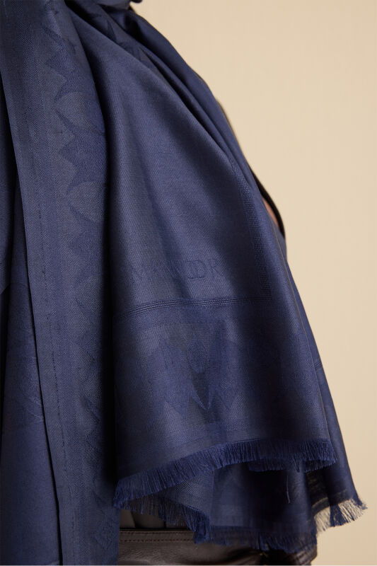 Qufi Navy Blue Jacquard Silk Shawl - 5