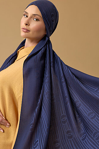 River Logo Navy Blue Naia Lyocell Jacquard Shawl - Imannoor