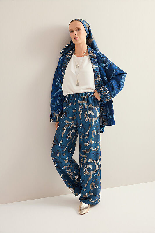 River Road Beige-Indigo Twill Silk Trousers - 1