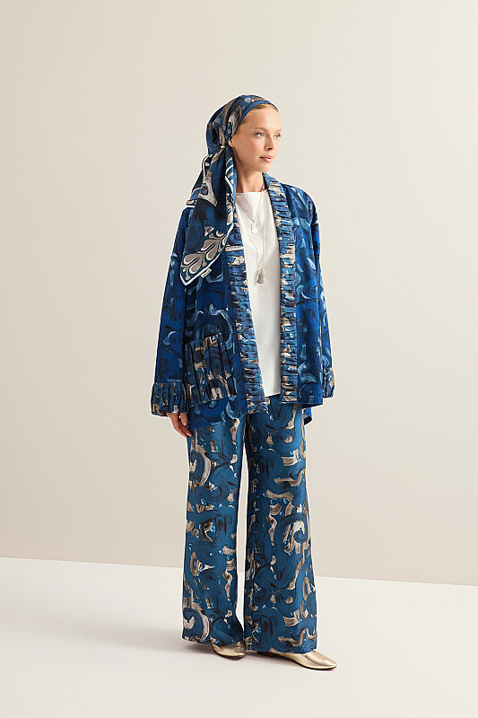 River Road Beige-Indigo Twill Silk Trousers - 3