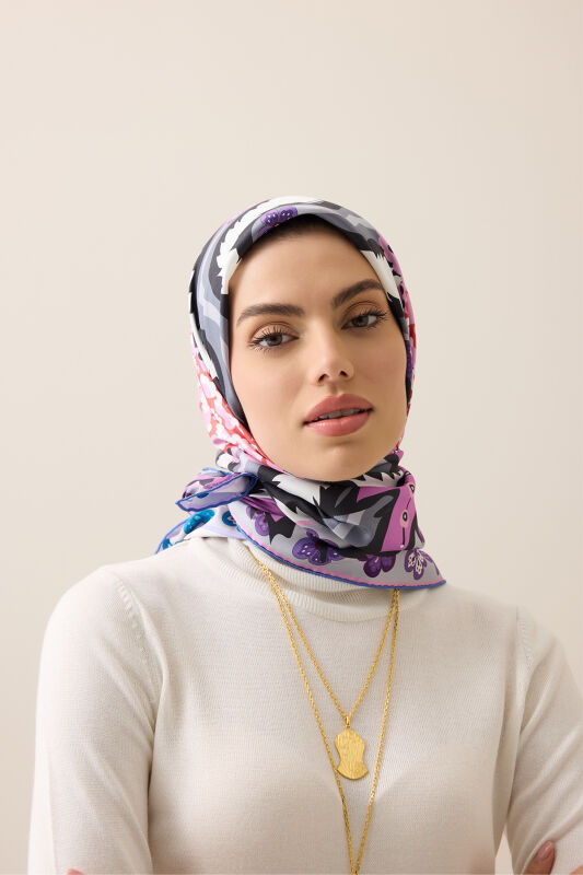 River Rose Blue-Pink Double-Sided Twill Silk Scarf - 1