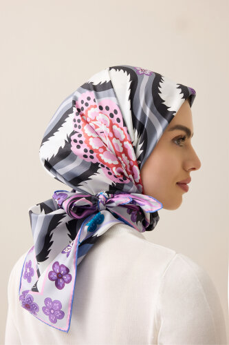 River Rose Blue-Pink Double-Sided Twill Silk Scarf - 5