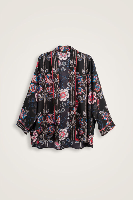 Rose Ivy Black Twill Silk Short Kimono - 2