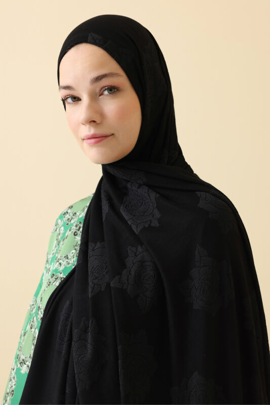 Rose Jacquard Black Supreme Shawl - 5