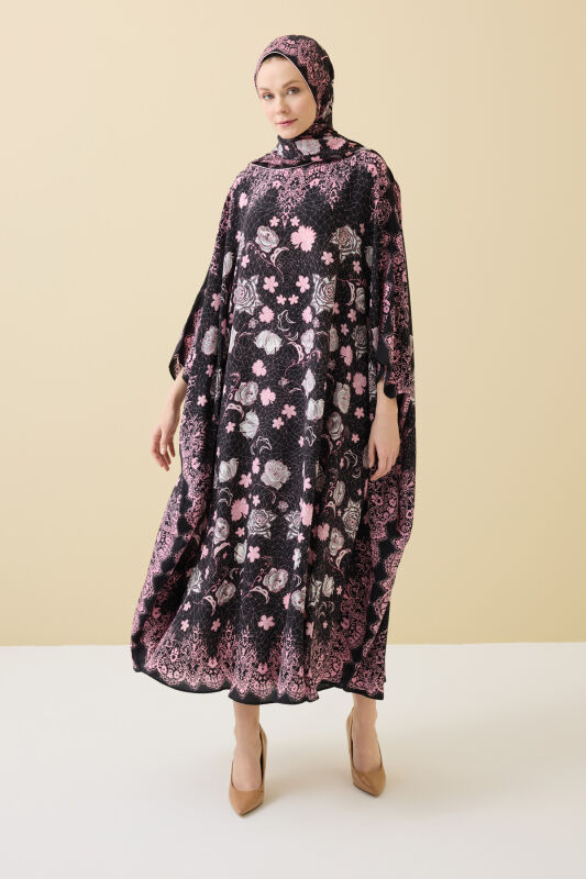 Rose Lace Black Crepe Silk Kaftan - 1
