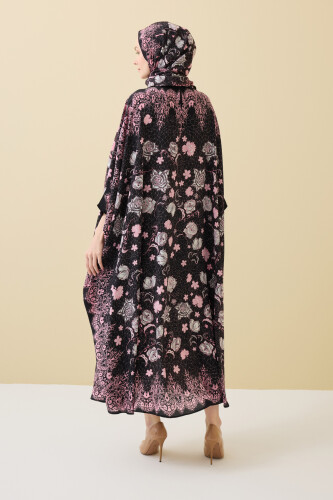 Rose Lace Black Crepe Silk Kaftan - 6