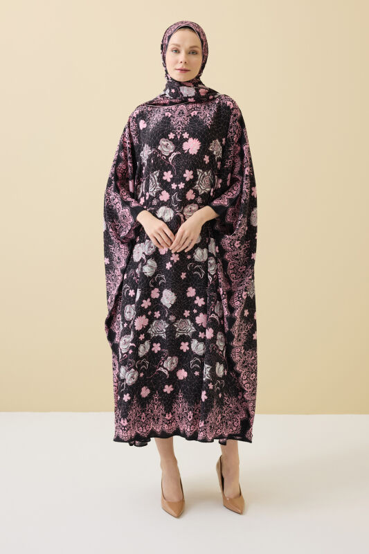 Rose Lace Black Crepe Silk Kaftan - 5