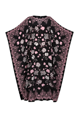 Rose Lace Black Crepe Silk Kaftan - 2