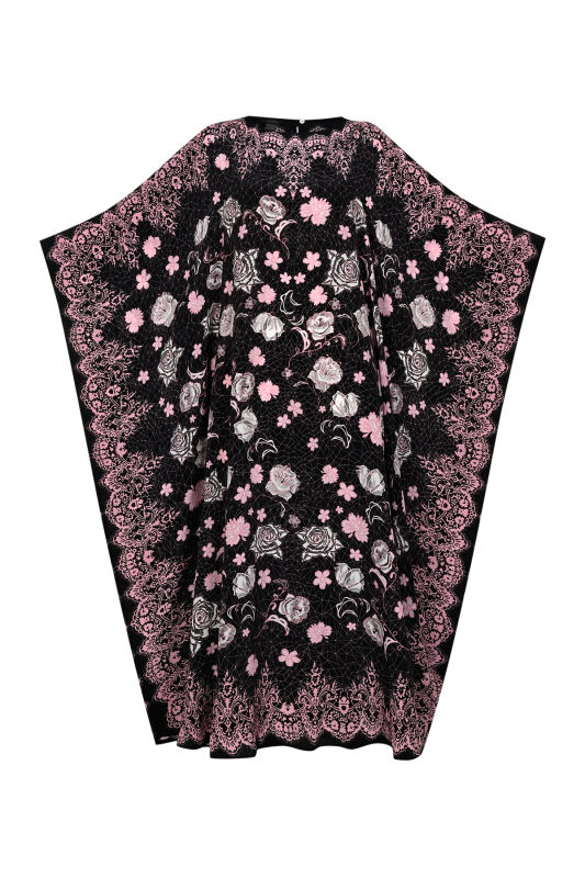 Rose Lace Black Crepe Silk Kaftan - 2