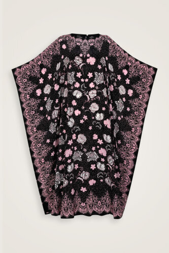Rose Lace Black Crepe Silk Kaftan - 2