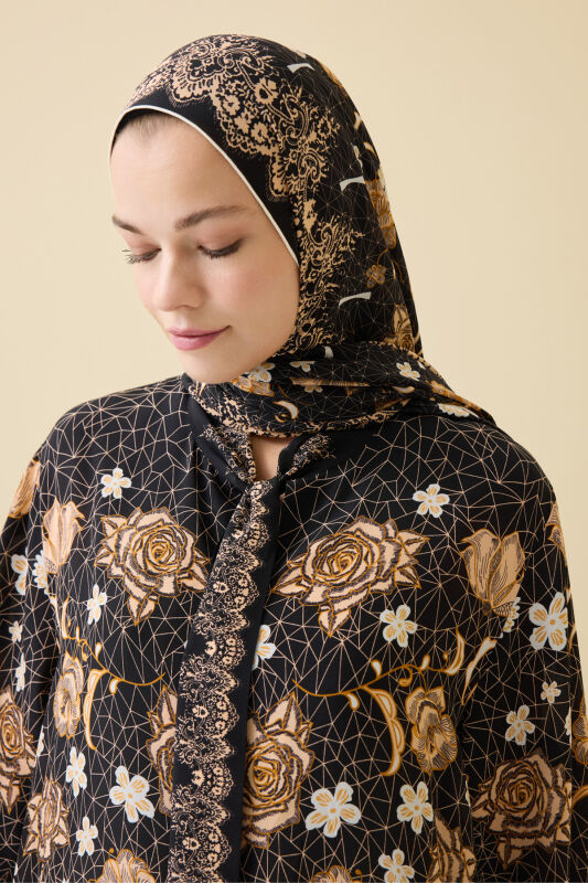 Rose Lace Black Crepe Silk Neck Tie Dress Shawl - 4