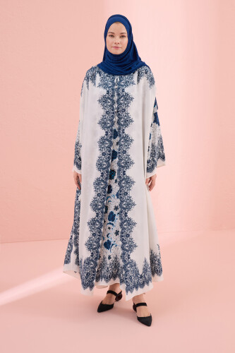 Rose Lace Blue Silk Abaya 