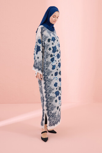 Rose Lace Blue Silk Dress - 4