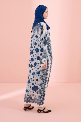 Rose Lace Blue Silk Dress - 5