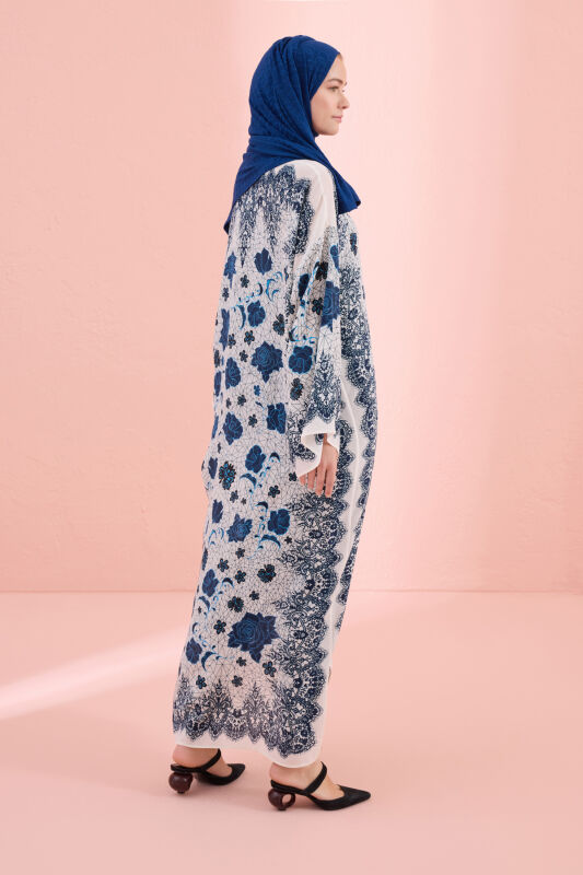 Rose Lace Blue Silk Dress - 5