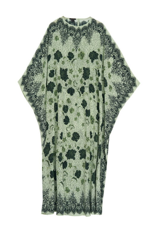 Rose Lace Green Crepe Silk Kaftan - 2