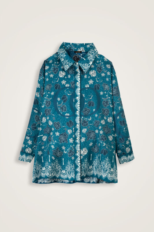Rose Lace Petrol-Turquoise Twill Silk Shirt - 1