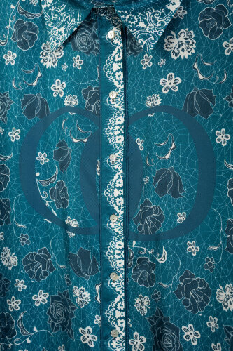 Rose Lace Petrol-Turquoise Twill Silk Shirt - 2